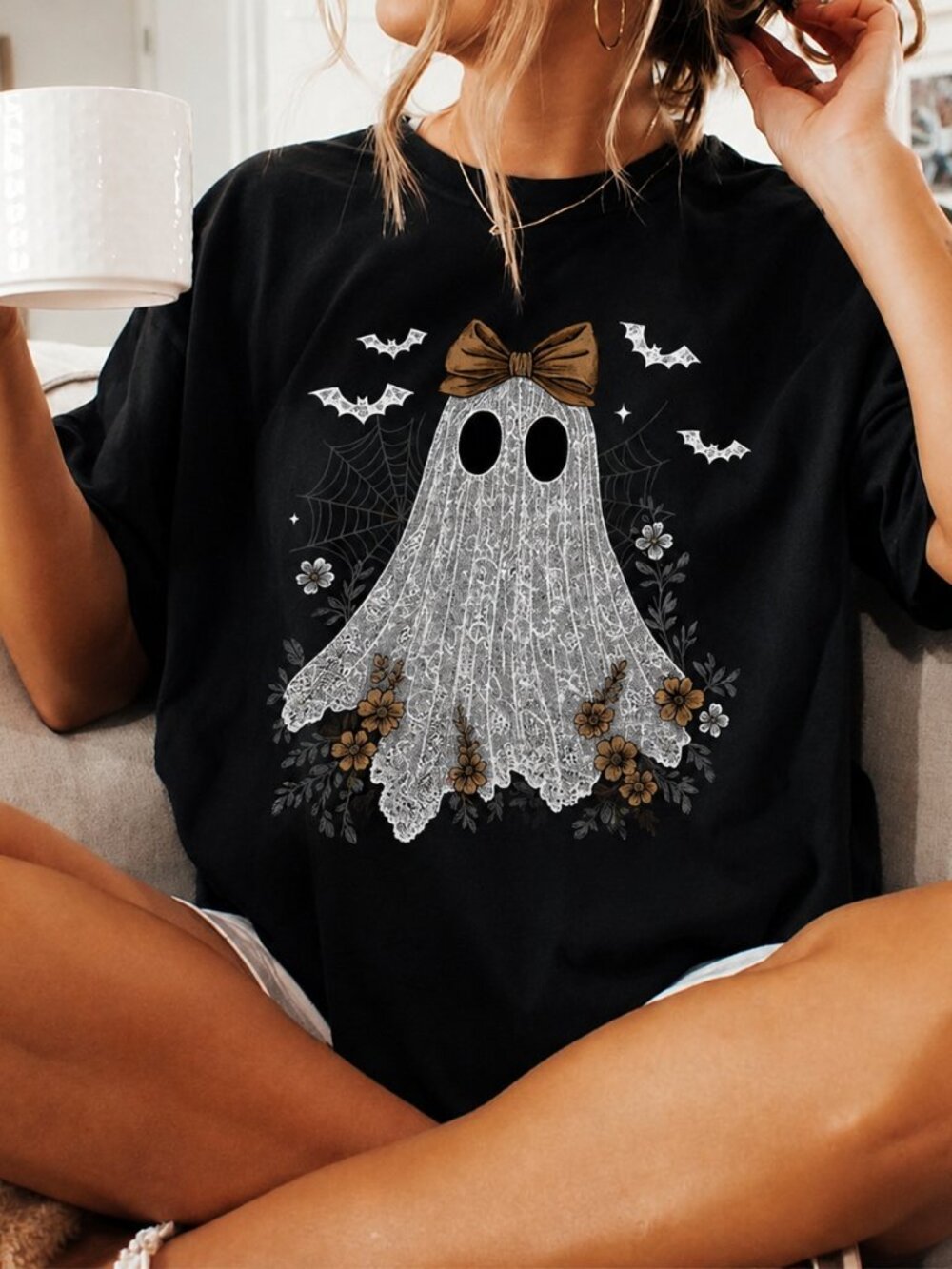 Whimsigoth Cottagecore Ghost Halloween Graphic Tee, Vintage Lace Aesthetic